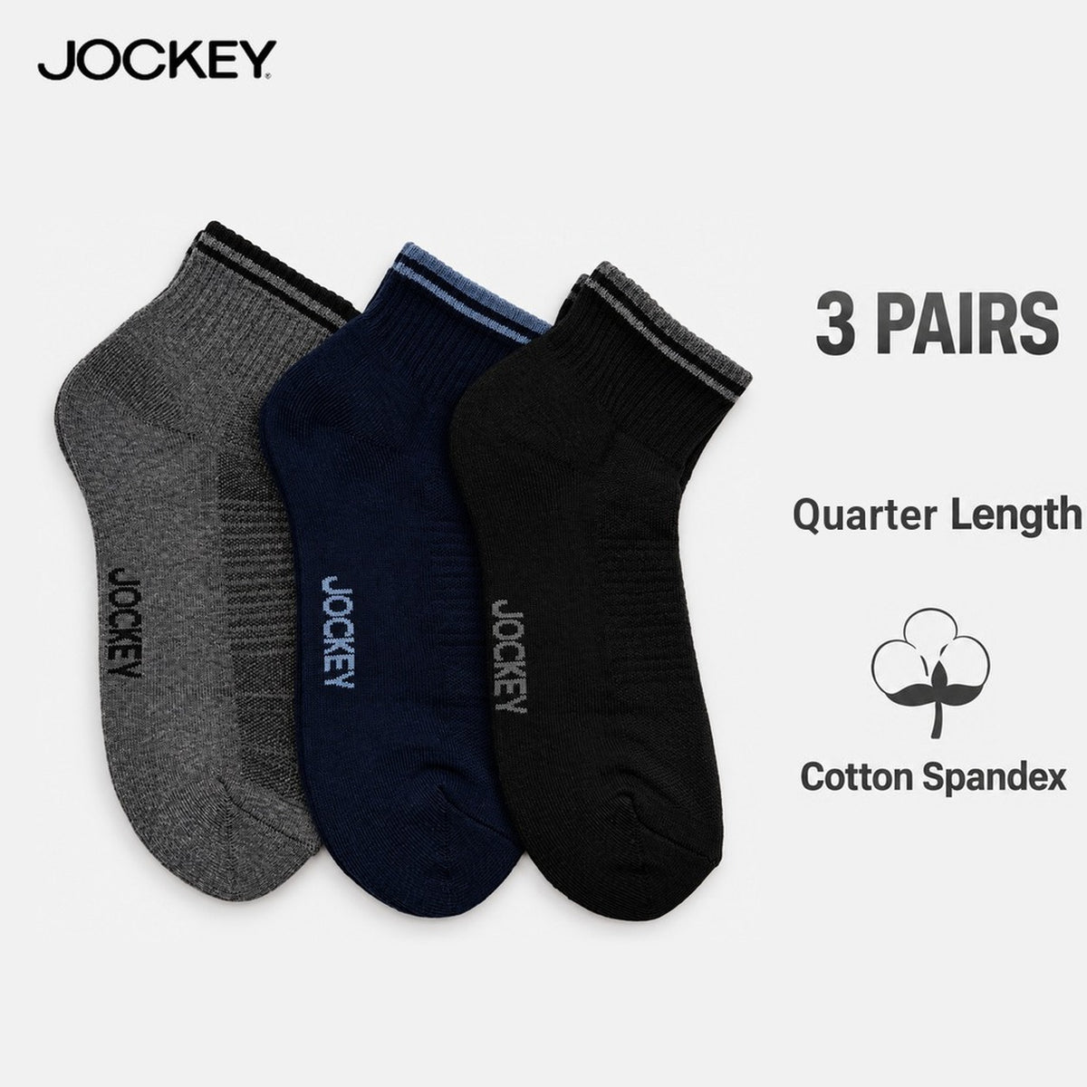 Jockey Men's Quarter Length Socks 3-Pack | Cotton Spandex | JMS651057